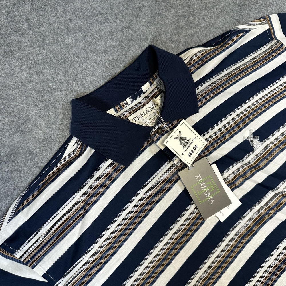 Tehama Polo Shirt Mens Large Navy Blue Striped Oyster Harbors Club Golf NWT